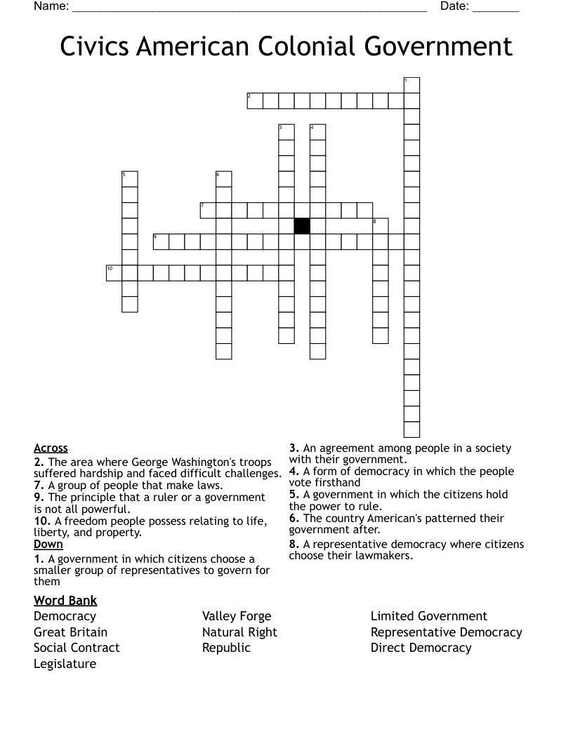 Civics American Colonial Government Crossword