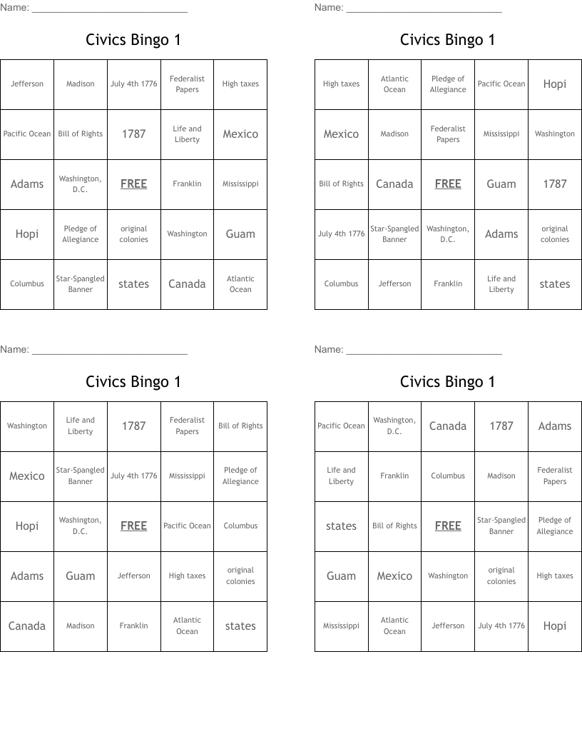 Civics Bingo 1