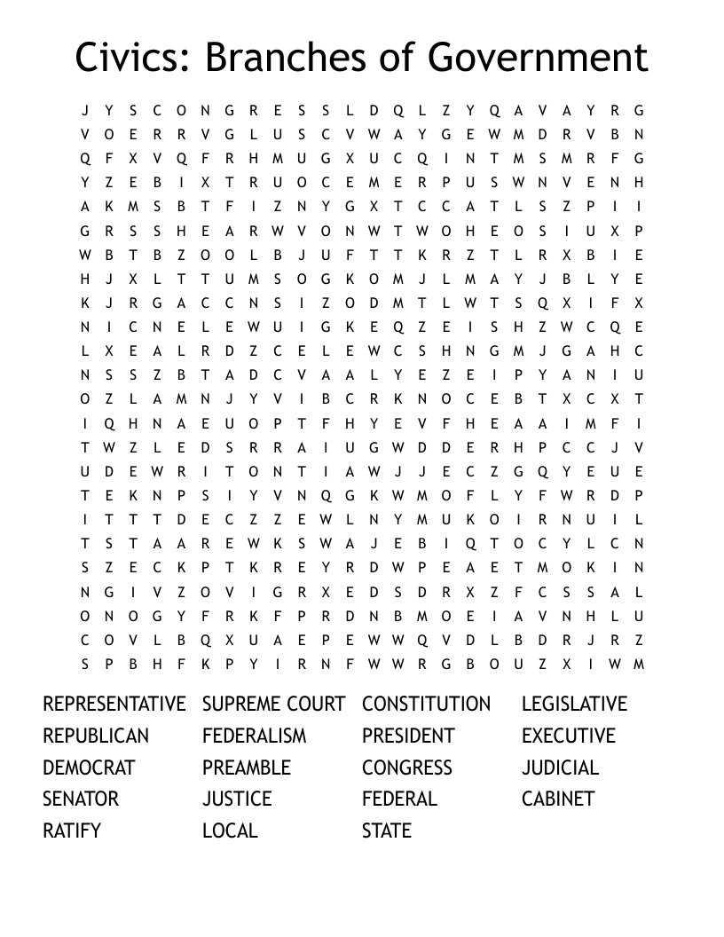 Civics: Branches of Government Word Search
