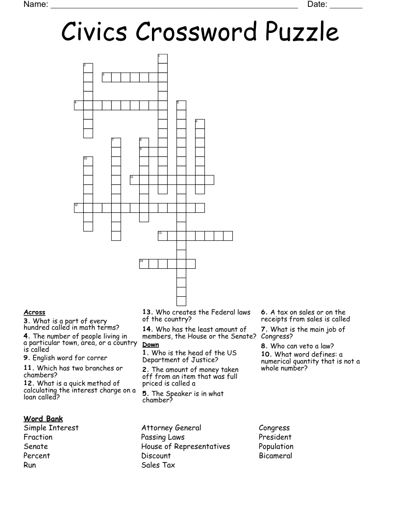 Civics Crossword Puzzle