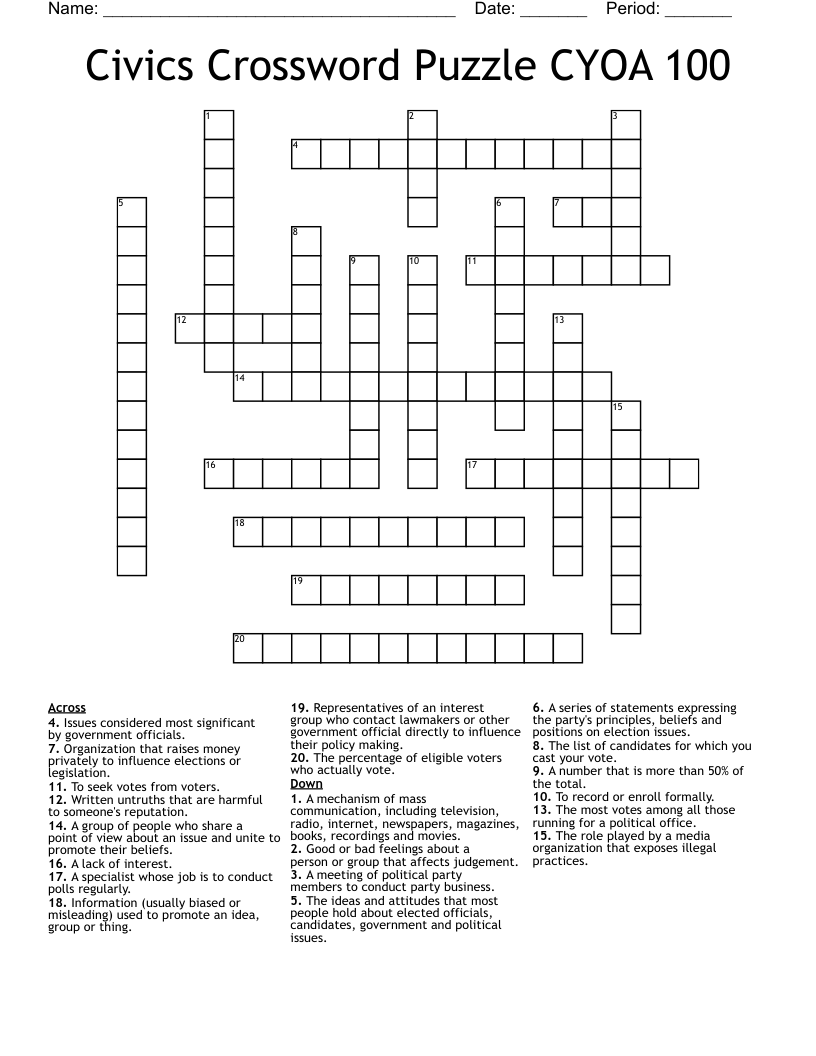 Civics Crossword Puzzle CYOA 100