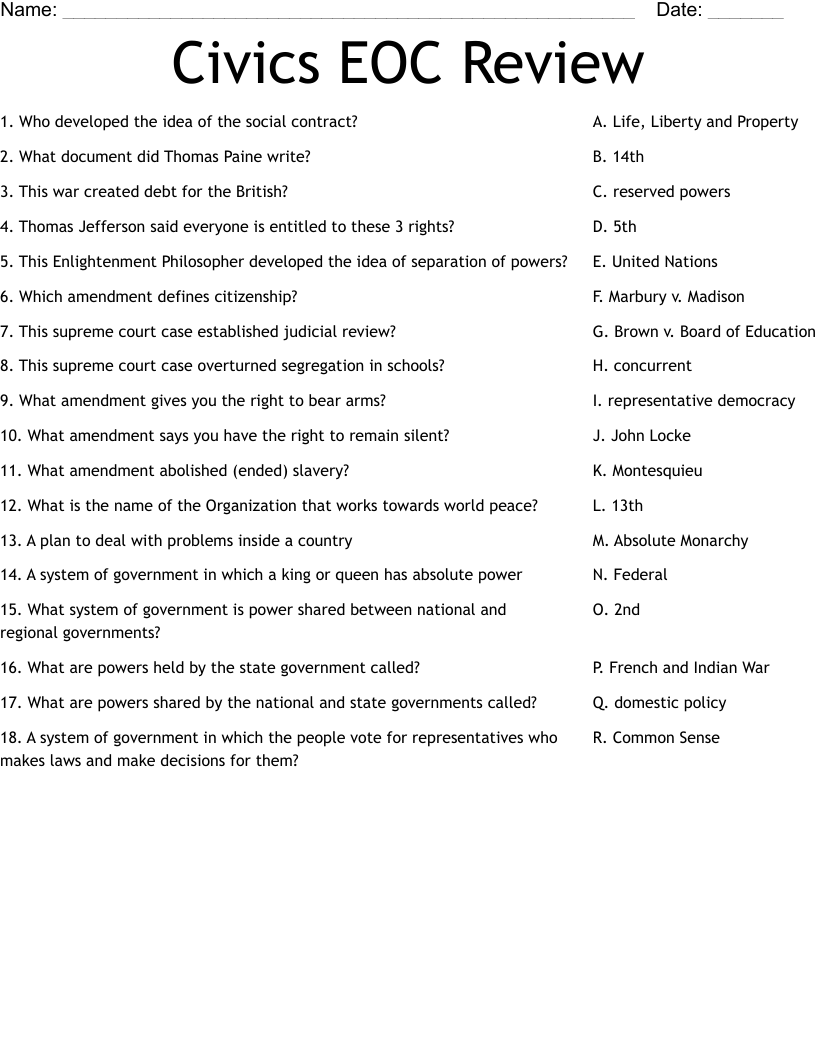 Civics EOC Review Worksheet