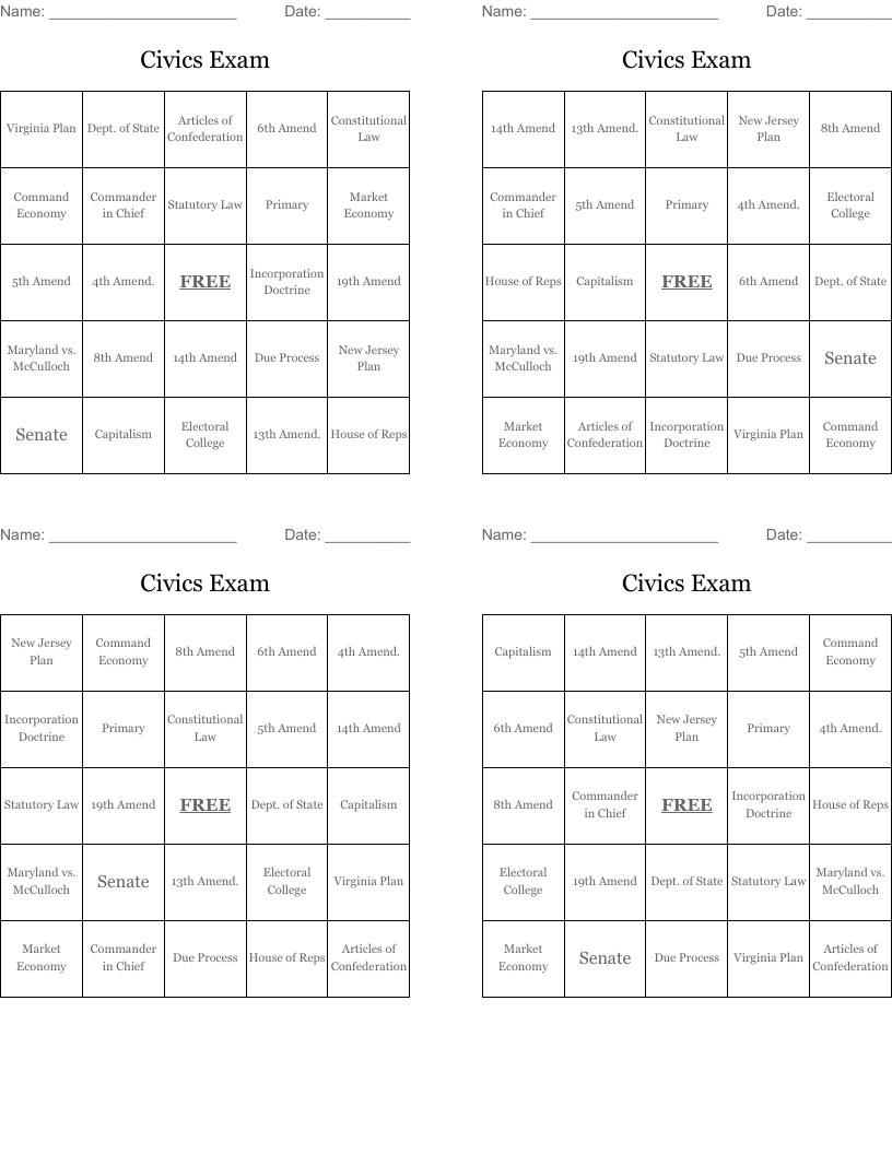Civics Exam Bingo Cards
