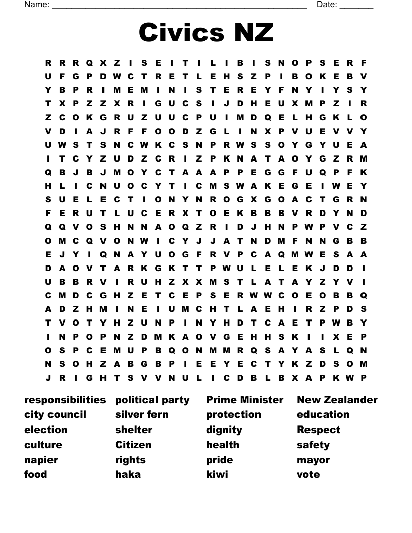 Civics NZ Word Search