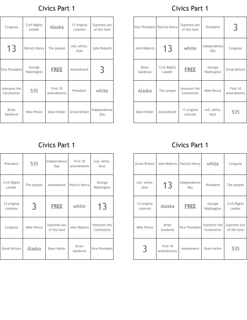 Civics Part 1 Bingo Cards