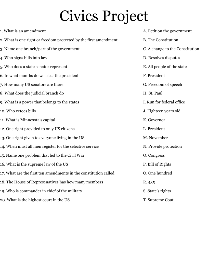 Civics Project Worksheet
