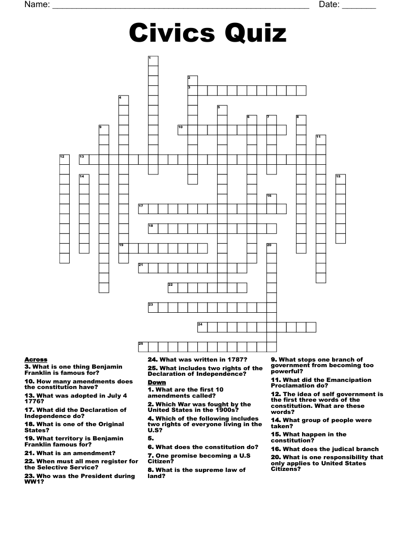 Civics Quiz Crossword