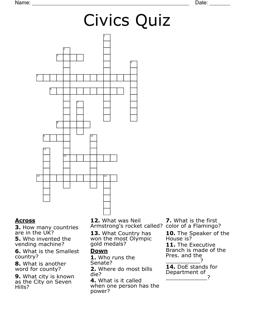 Civics Quiz Crossword