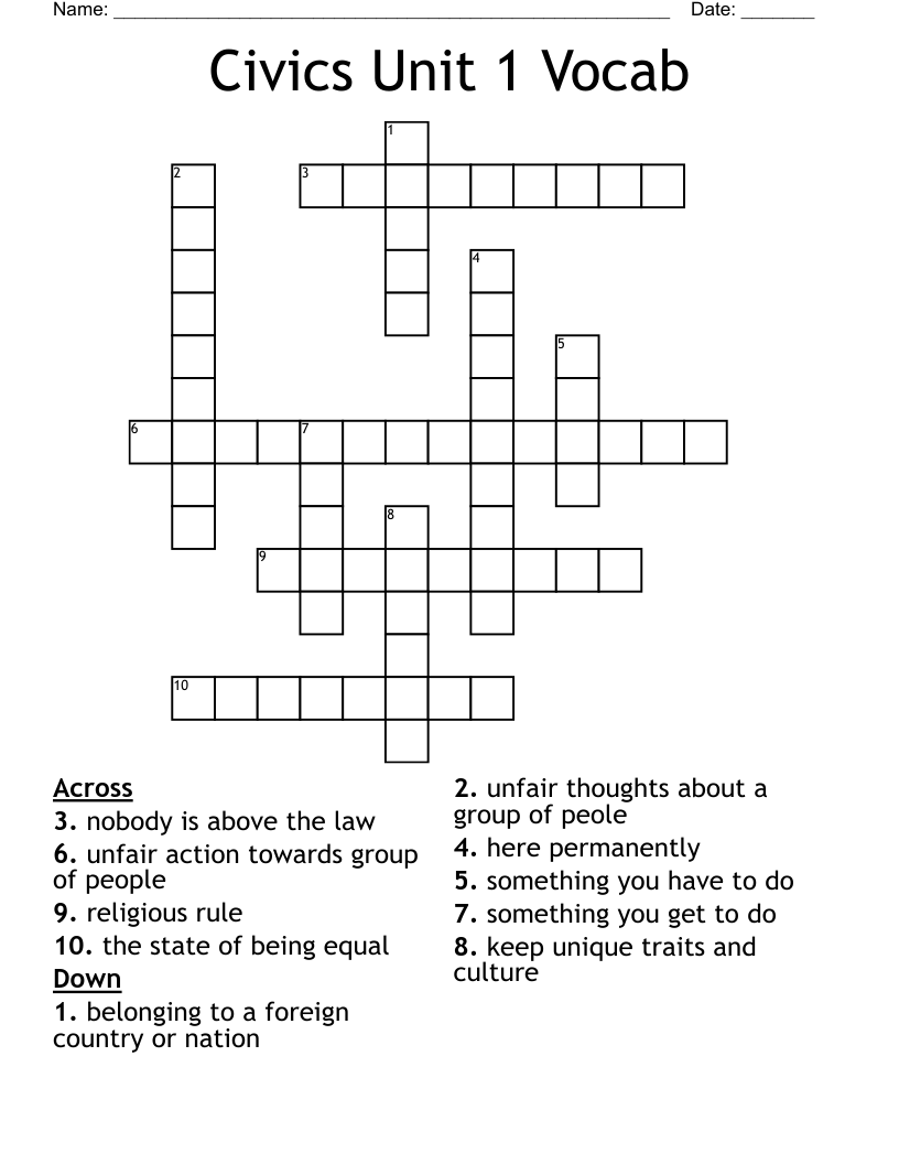 Civics Unit 1 Vocab Crossword
