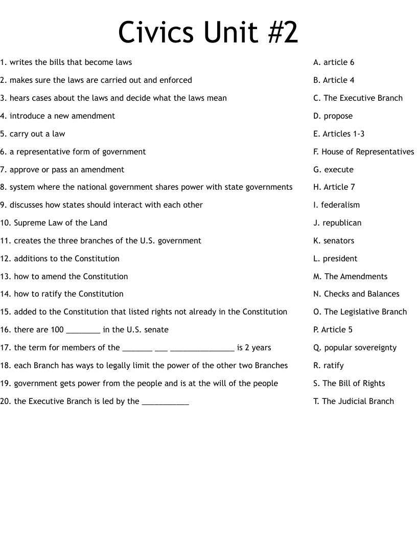 Civics Unit #2 Worksheet