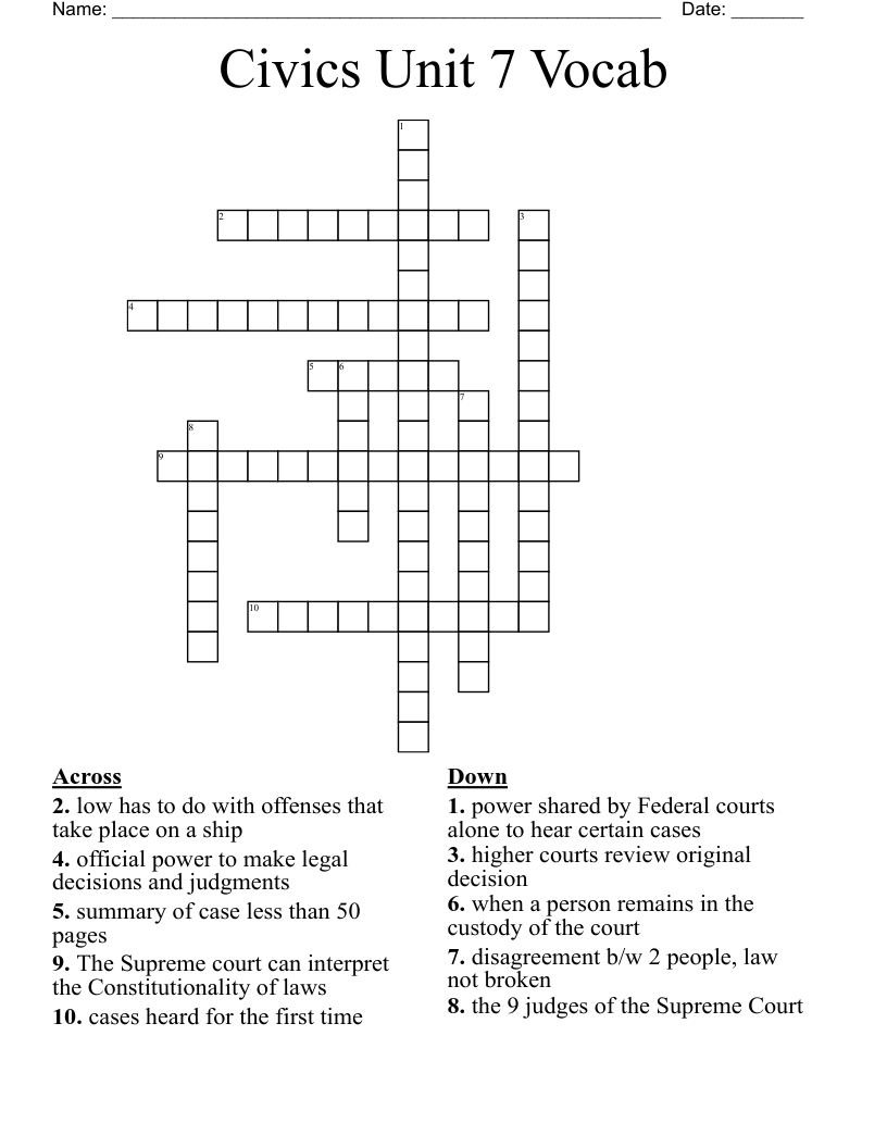 Civics Unit 7 Vocab Crossword
