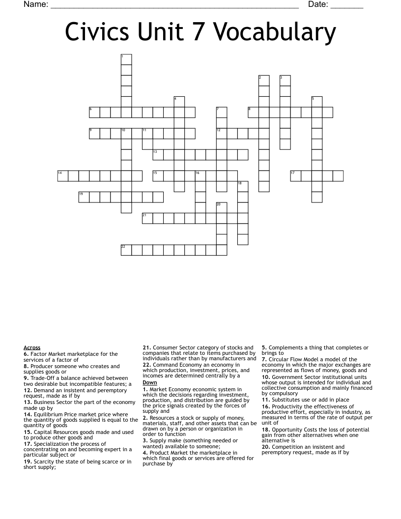 Civics Unit 7 Vocabulary Crossword