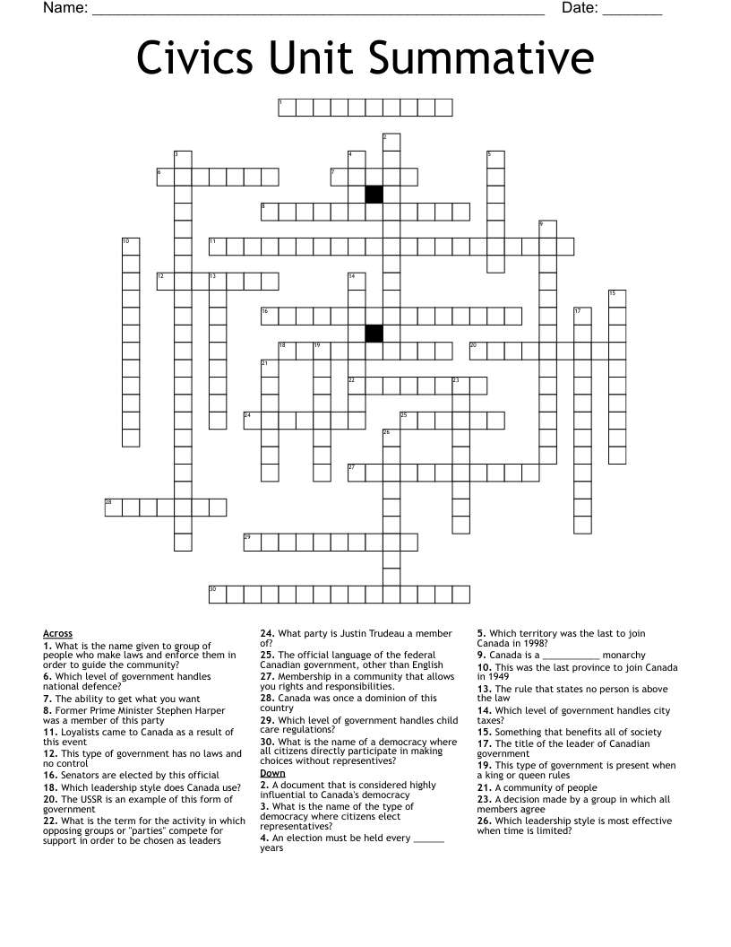 Civics Unit Summative Crossword