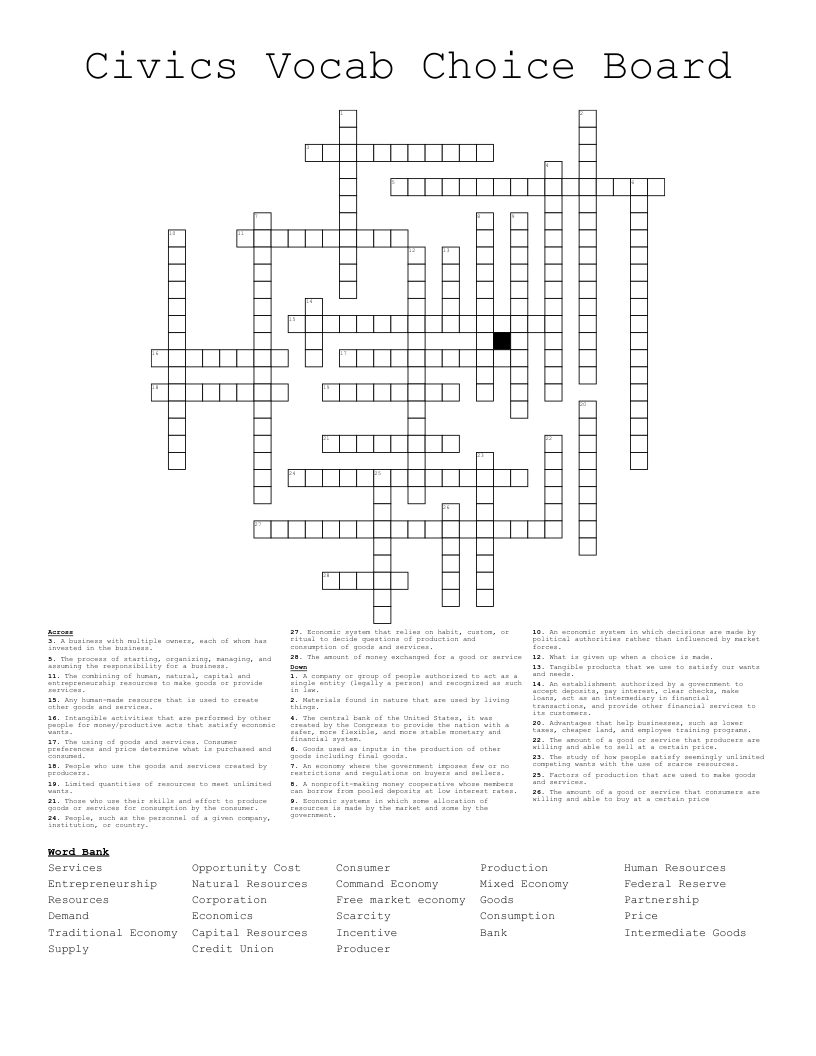 Civics Vocab Choice Board Crossword