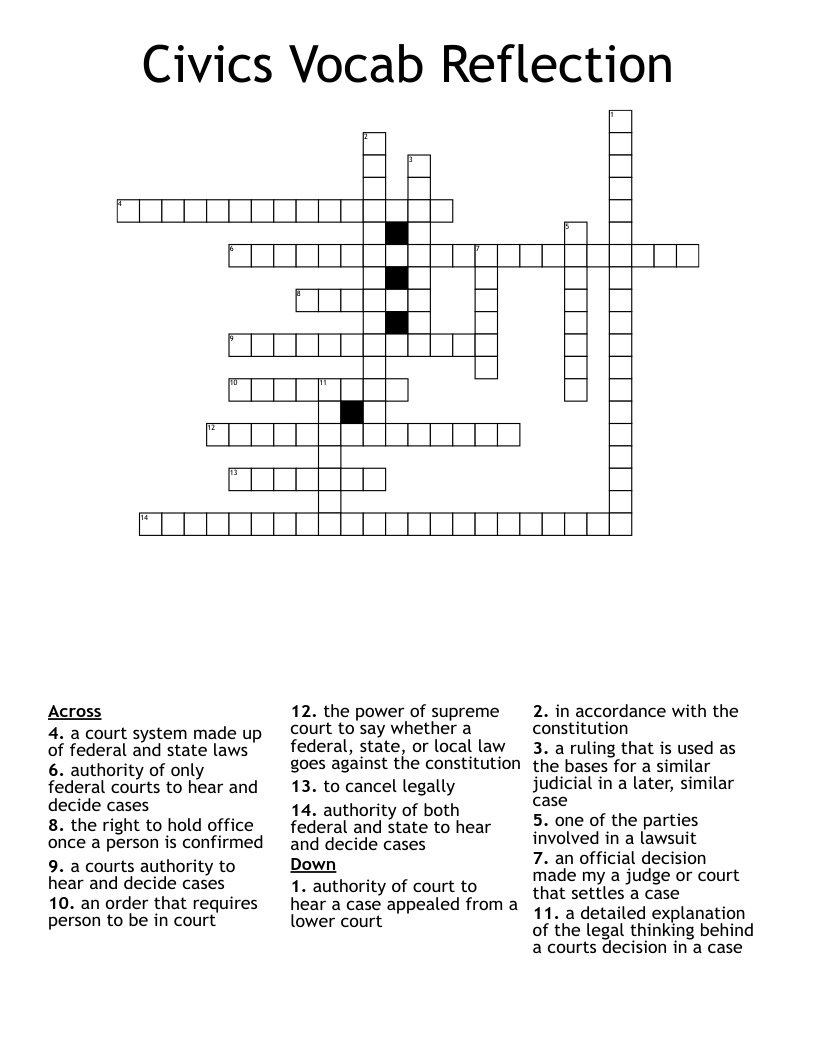 Civics Vocab Reflection Crossword