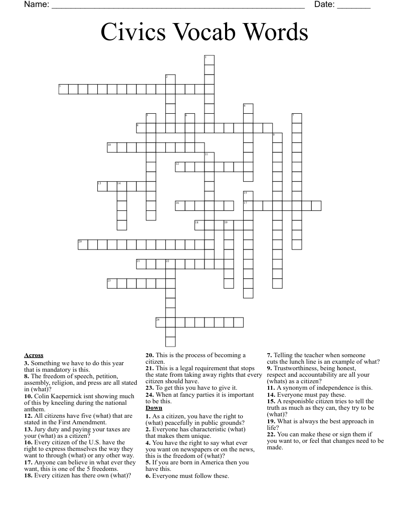 Civics Vocab Words Crossword