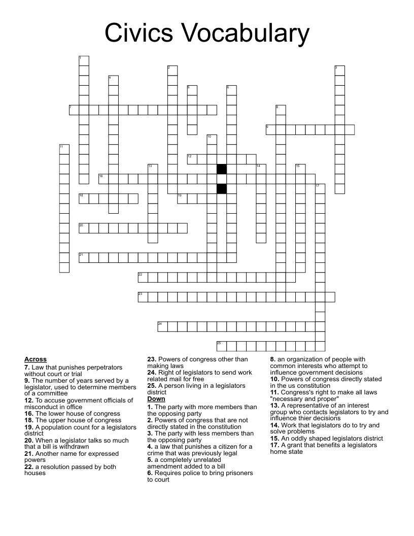 Civics Vocabulary Crossword