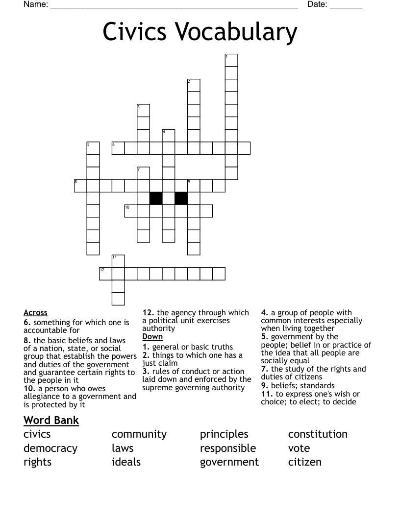 Civics Vocabulary Crossword
