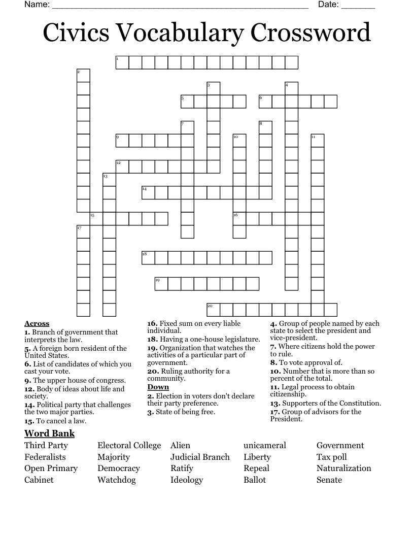 Civics Vocabulary Crossword