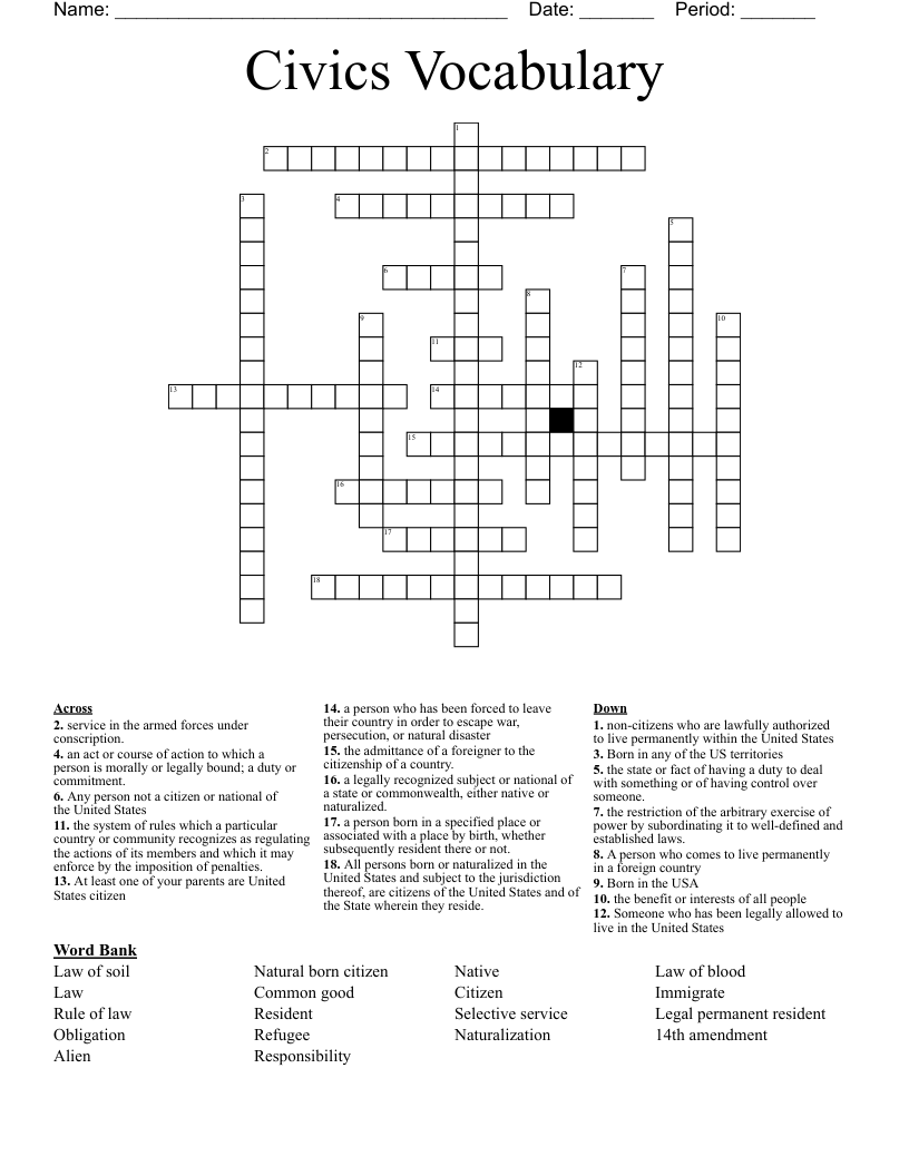 Civics Vocabulary  Crossword