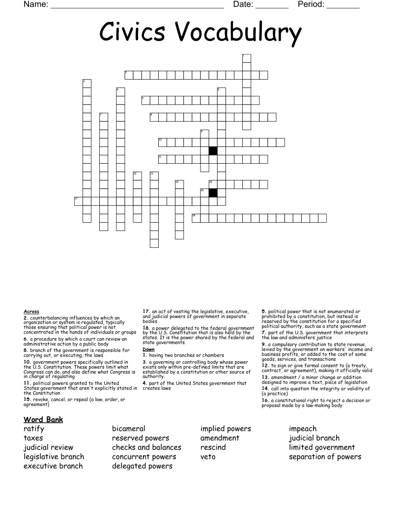 Civics Vocabulary  Crossword