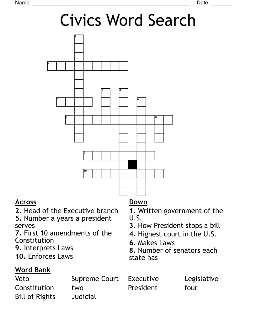 Civics Word Search  Crossword