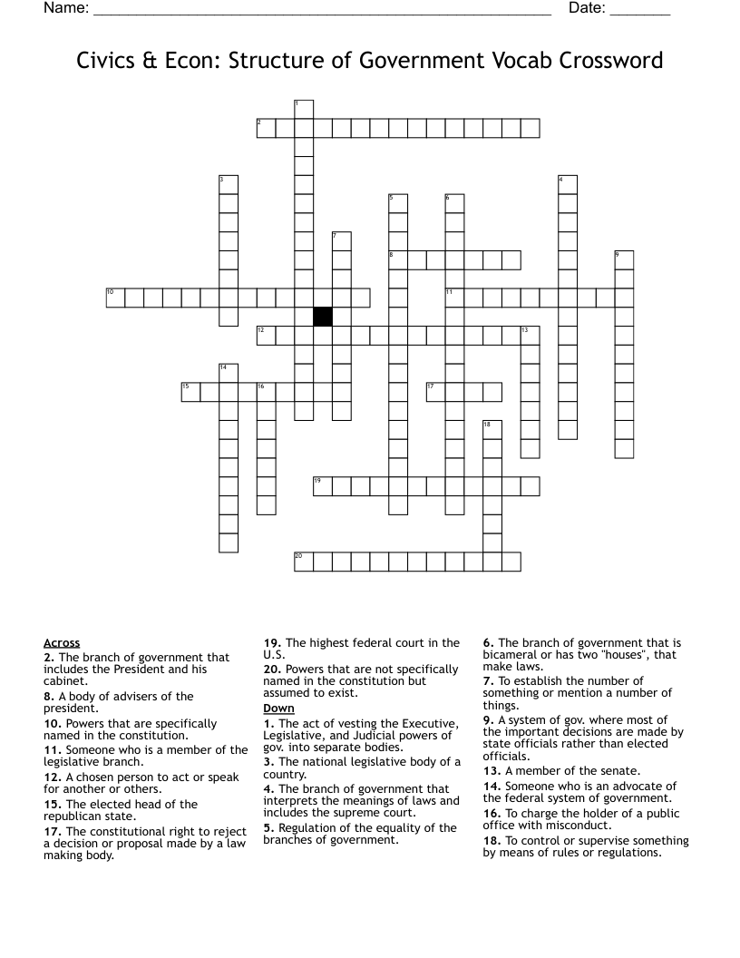 Civics & Econ: Structure of Government Vocab Crossword