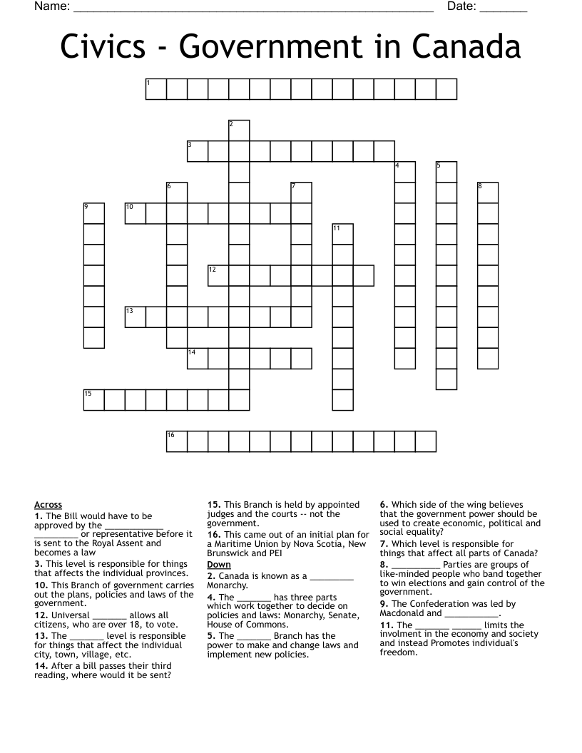 Civics - Government in Canada Crossword