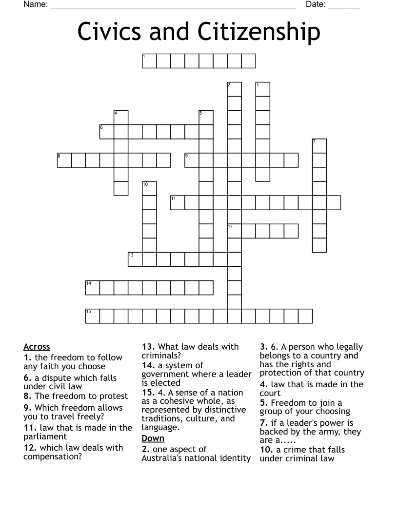 Civics and Citizenship Crossword