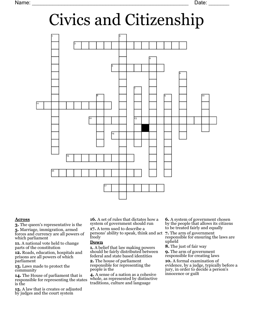 Civics and Citizenship Crossword