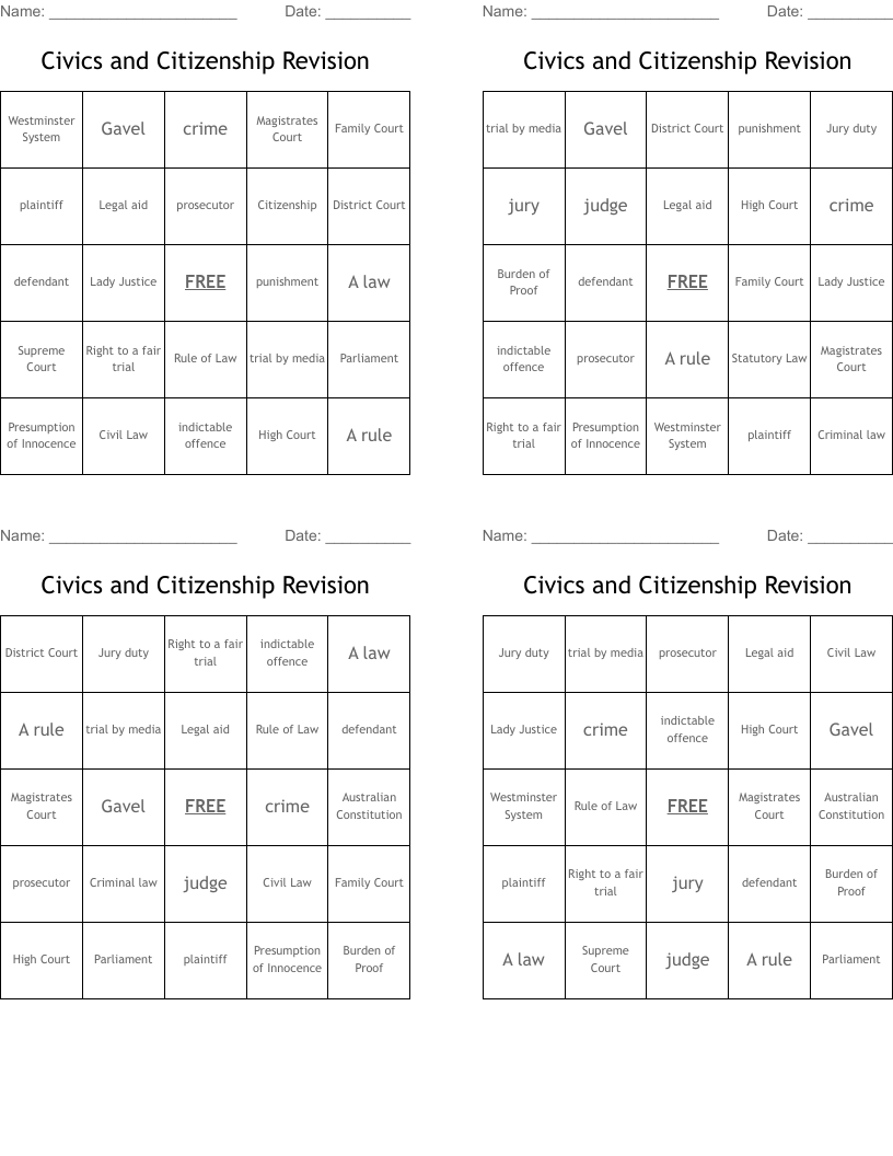 Civics and Citizenship Revision Bingo Cards