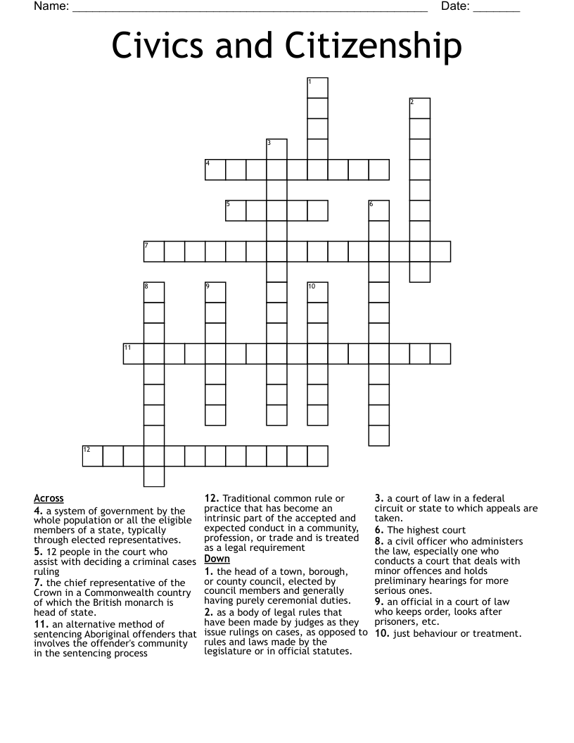 Civics and Citizenship  Crossword