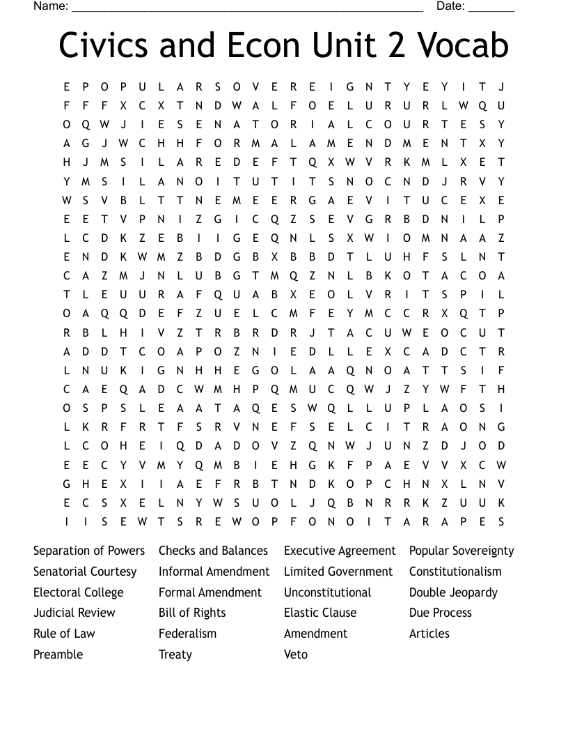 Civics and Econ Unit 2 Vocab Word Search