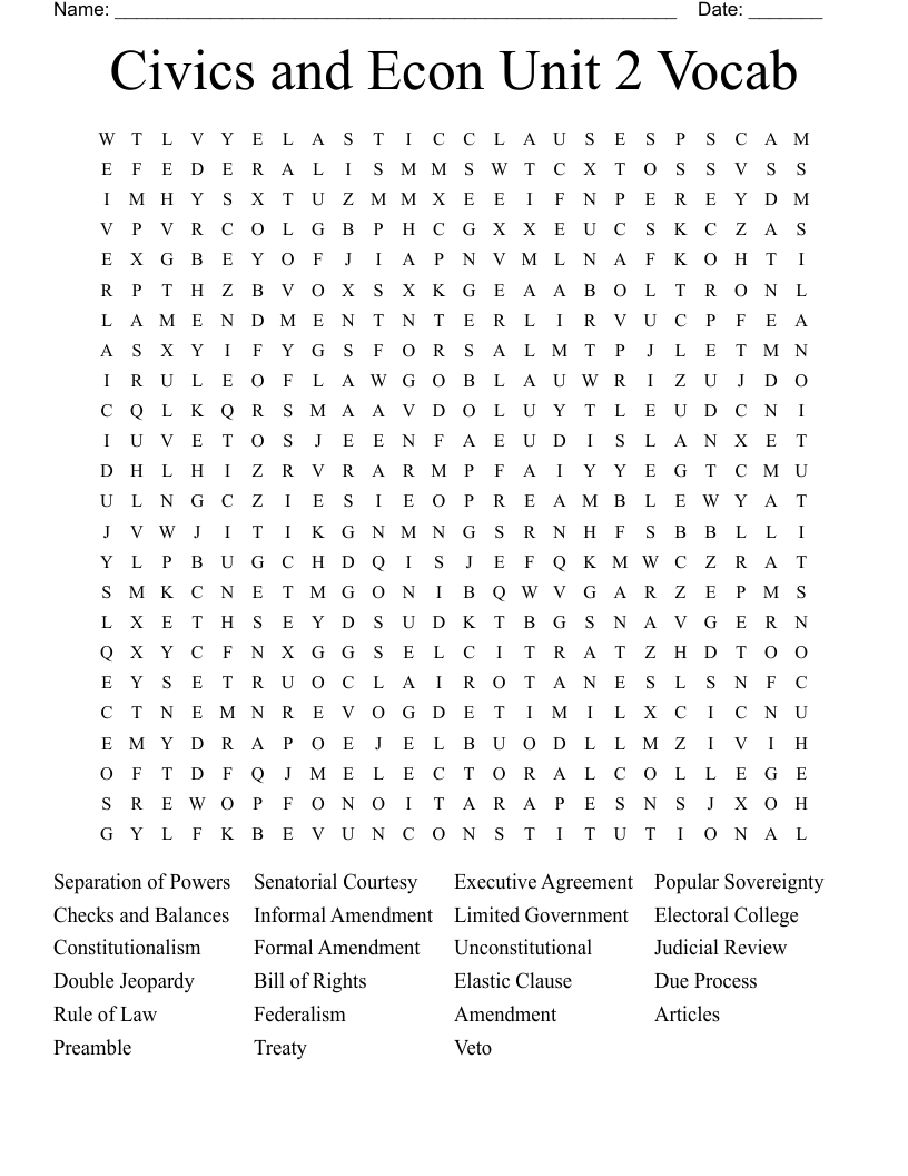 Civics and Econ Unit 2 Vocab Word Search