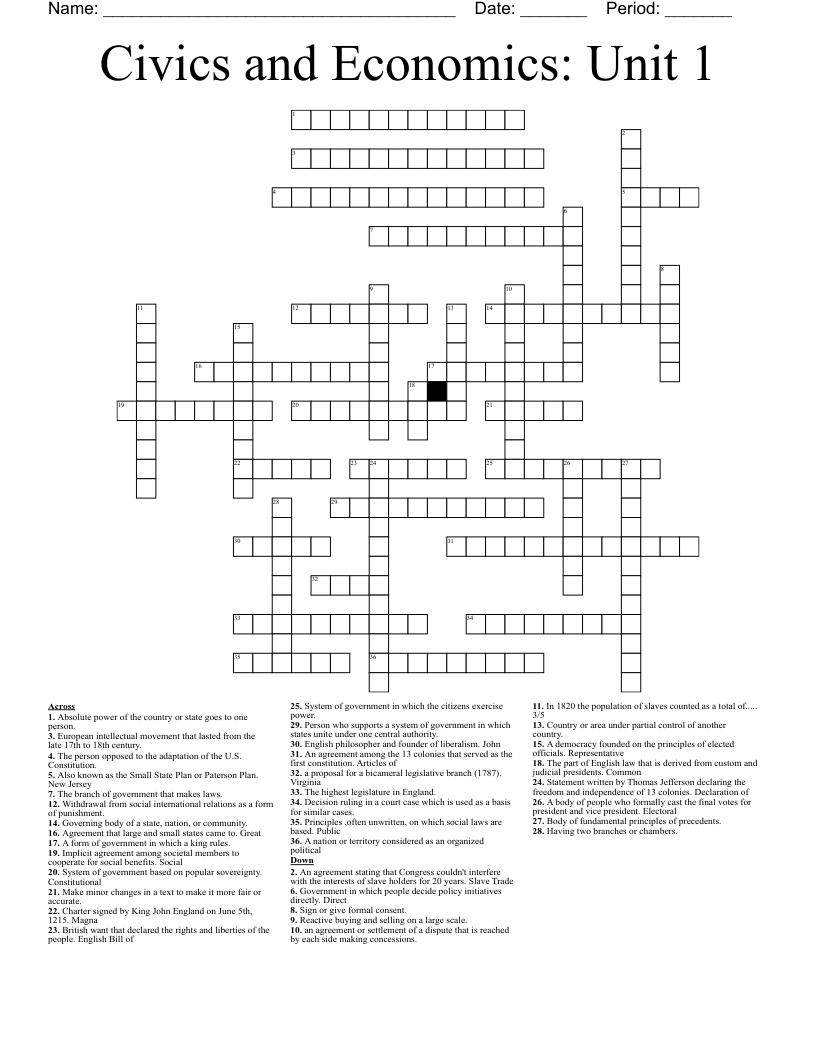 Civics and Economics: Unit 1 Crossword
