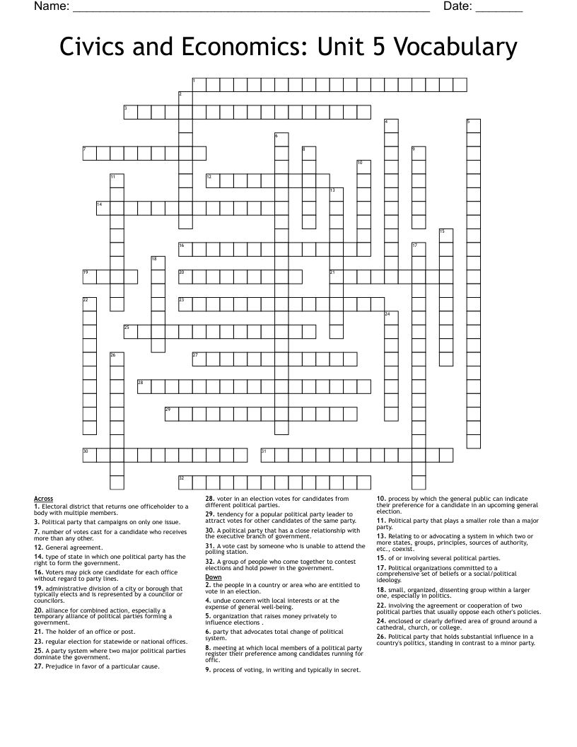 Civics and Economics: Unit 5 Vocabulary Crossword