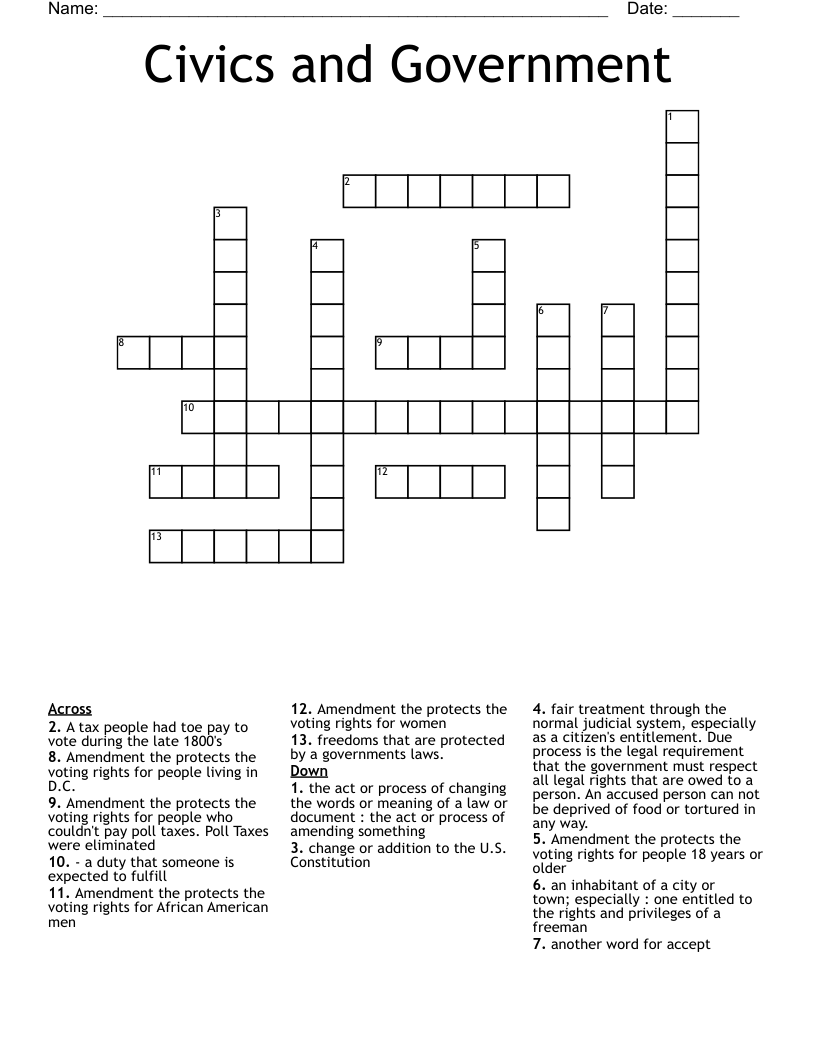 Civics and Government Crossword