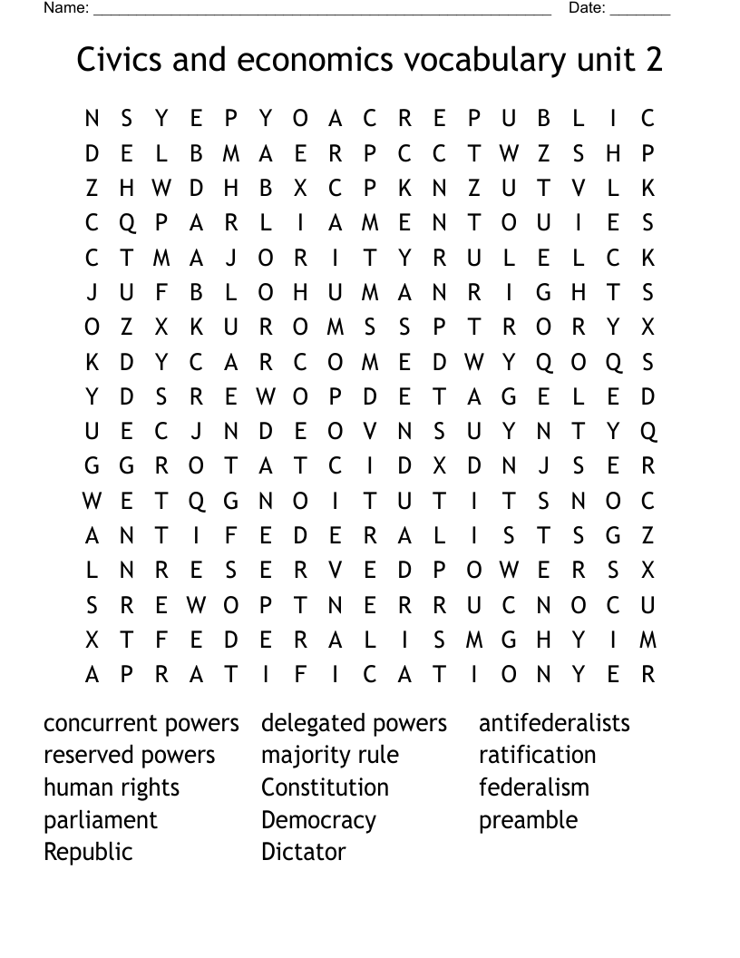 Civics and economics vocabulary unit 2 Word Search