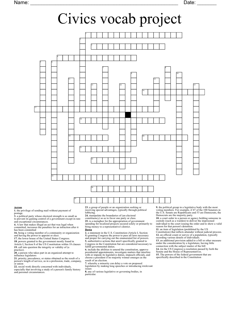 Civics vocab project Crossword