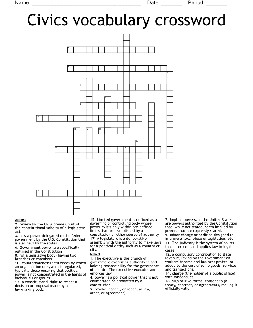 Civics vocabulary crossword