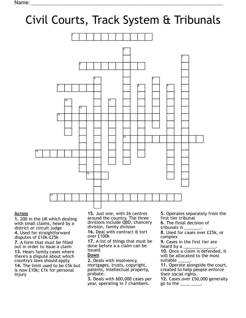 Civil Courts, Track System & Tribunals Crossword