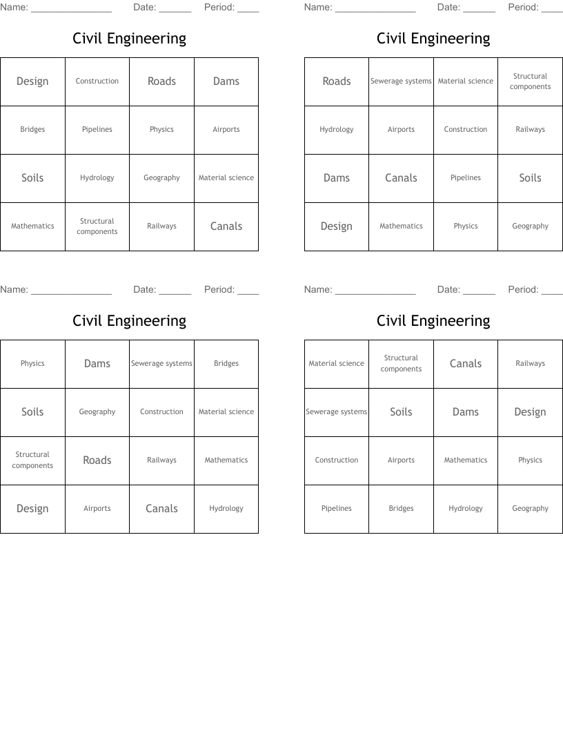 Civil Engineering Bingo Cards