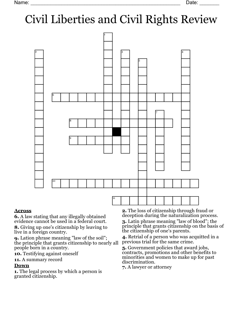 Civil Liberties and Civil Rights Review Crossword