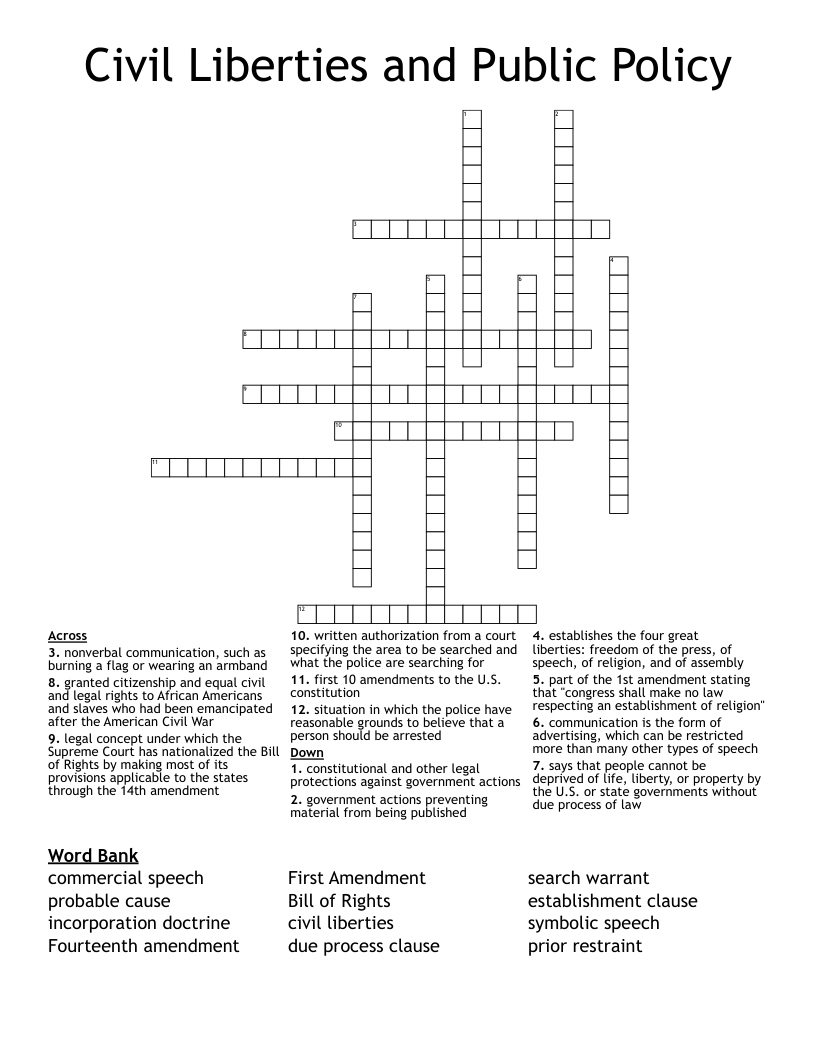 Civil Liberties and Public Policy Crossword