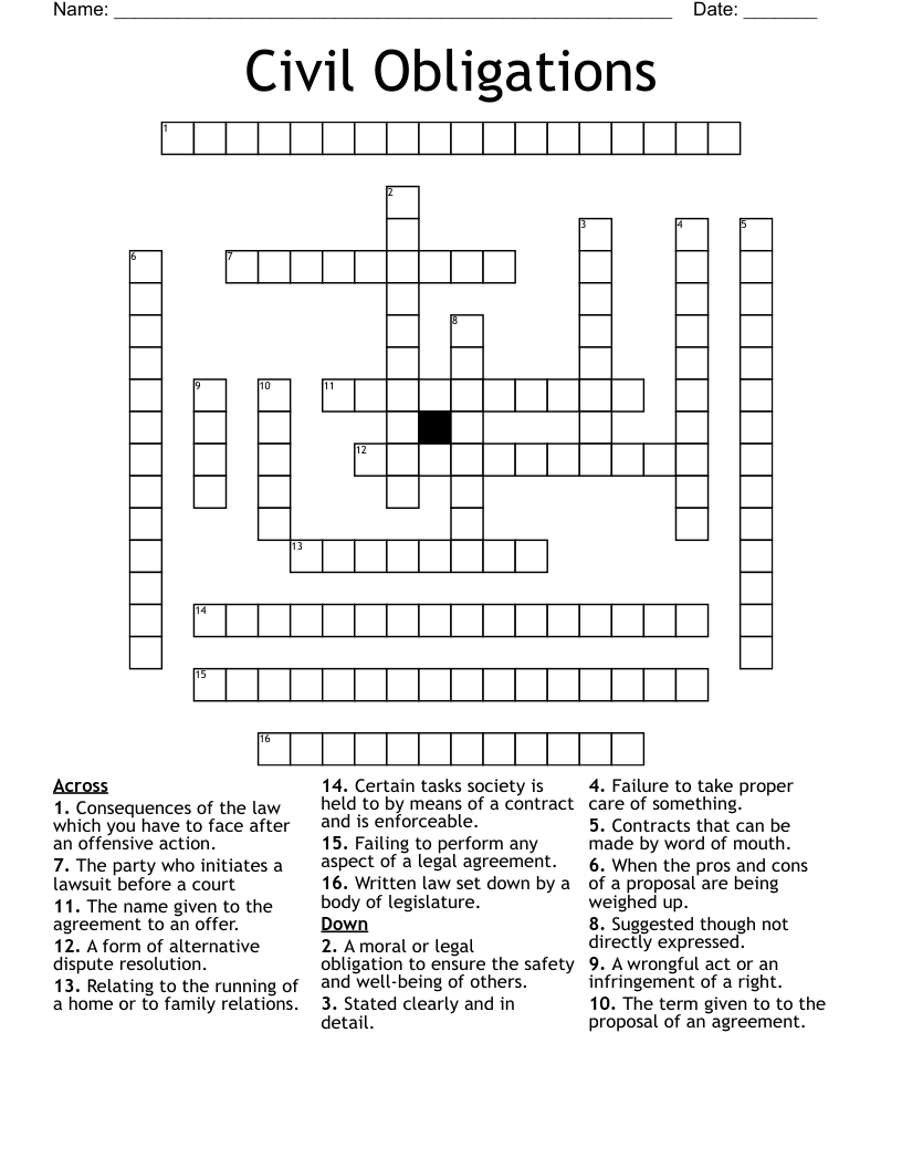 Civil Obligations Crossword