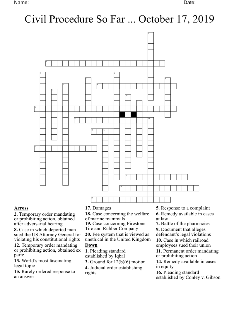 Civil Procedure So Far ... October 17, 2019 Crossword