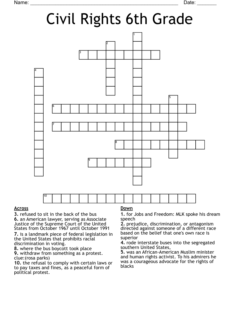 Civil Rights 6th Grade Crossword