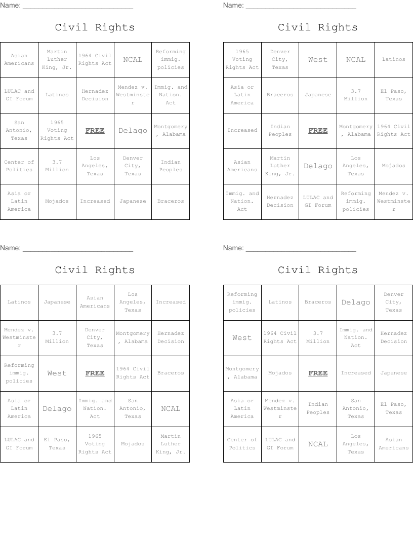 Civil Rights Bingo Cards