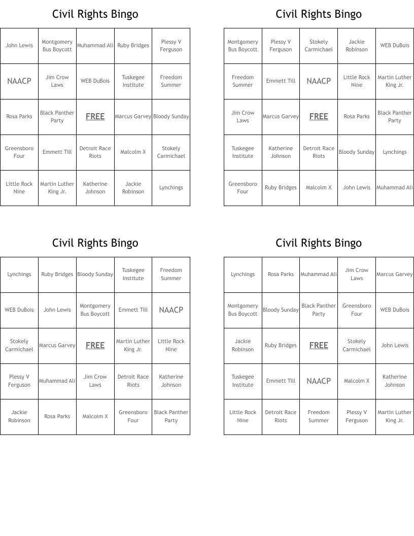 Civil Rights Bingo