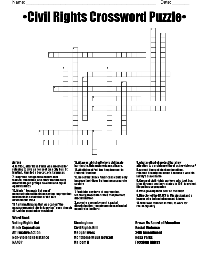 •Civil Rights Crossword Puzzle• 